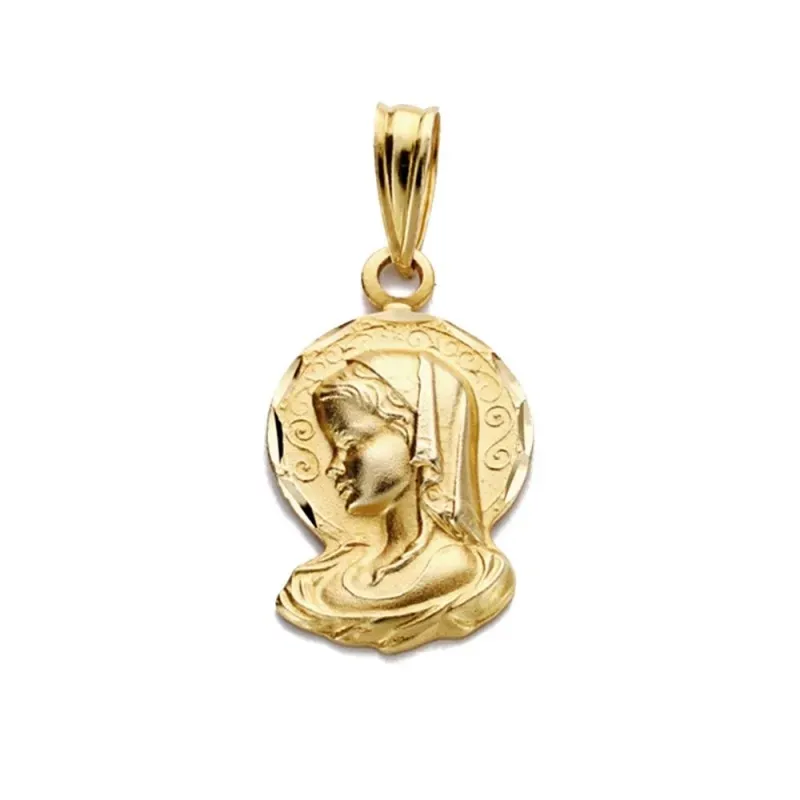 Medalla oro 18k silueta Virgen Niña 19mm. detalles tallados
