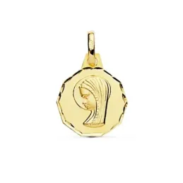 Medalla oro 18k Virgen Niña 14mm. redonda borde tallado