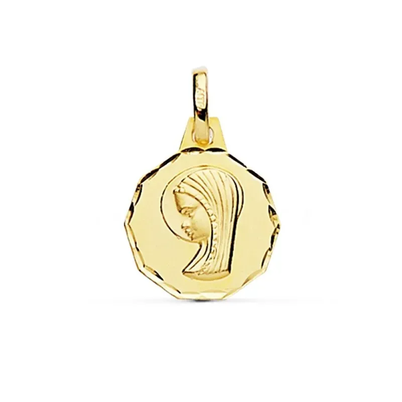 Medalla oro 18k Virgen Niña 14mm. redonda borde tallado