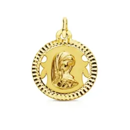 Medalla oro 18k Virgen Niña 16mm. redonda borde tallado centro detalles calados