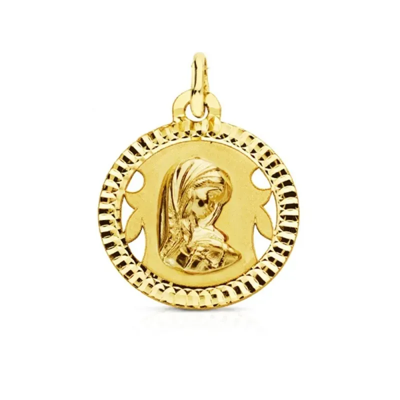 Medalla oro 18k Virgen Niña 16mm. redonda borde tallado centro detalles calados