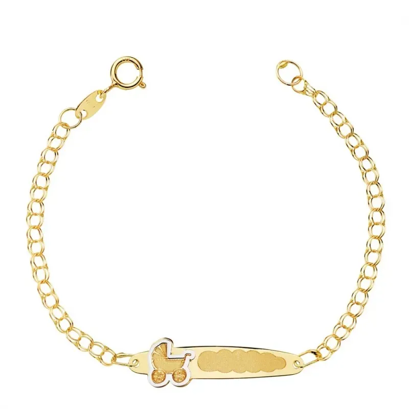 Esclava oro 18k bebé 13.5cm. doble cadena húngara chapa detalle carrito bicolor cierre reasa