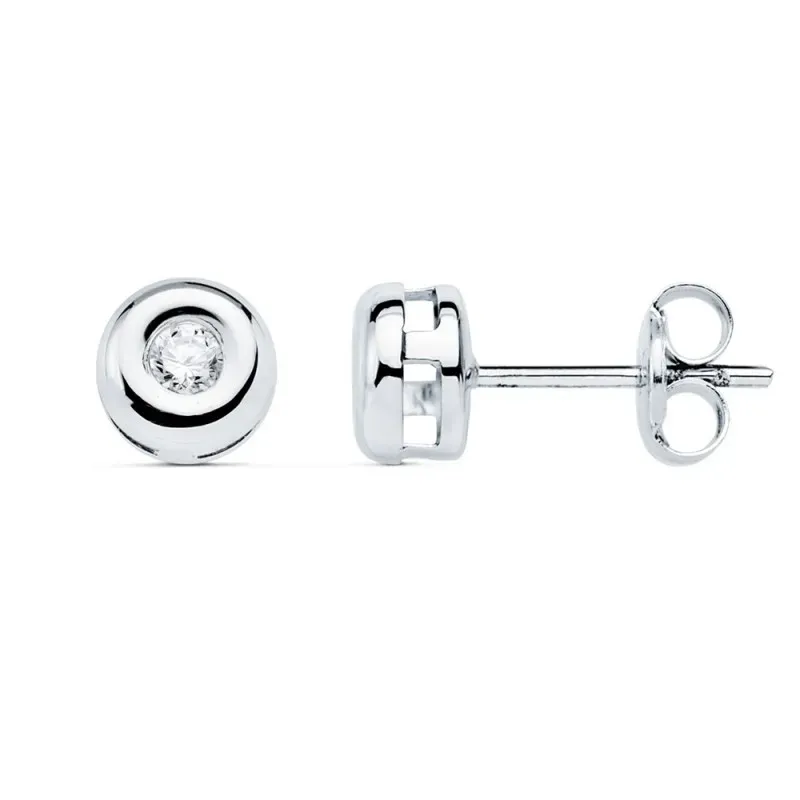Pendientes oro blanco 18k mujer 5.5mm. chatón diamante 0.14ct. cierre presión