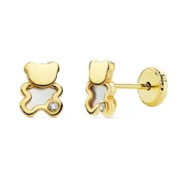 Pendientes oro 18k niña forma osito 6.5mm. nácar circonita cierre tornillo