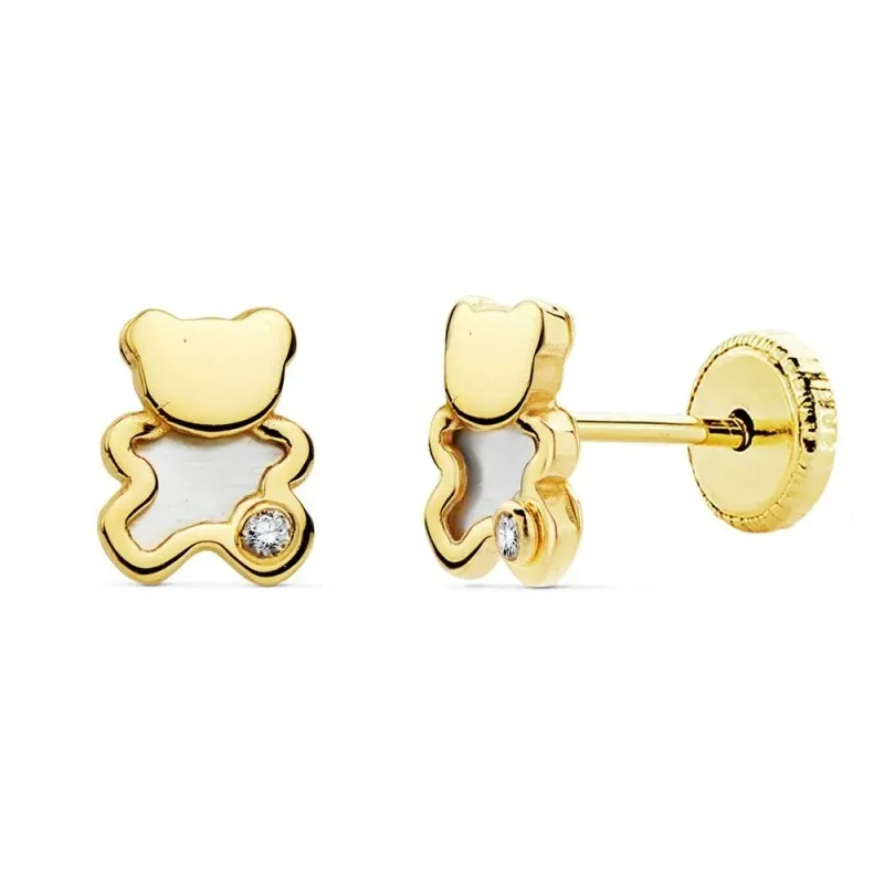 Pendientes oro 18k niña forma osito 6.5mm. nácar circonita cierre tornillo