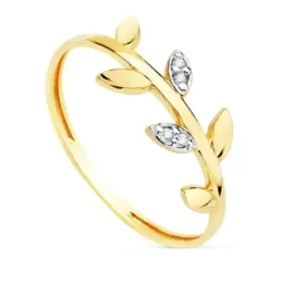 Sortija oro bicolor 18k mujer rama hojas circonitas