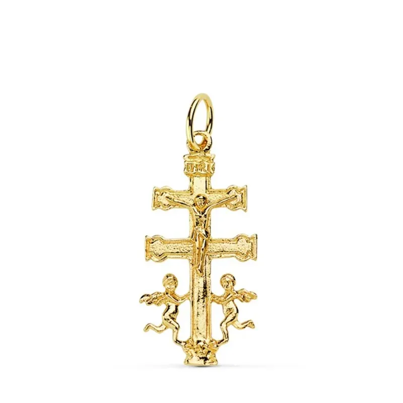 Cruz caravaca oro 18k crucifijo 24mm. colgante liso cristo ángeles lateral