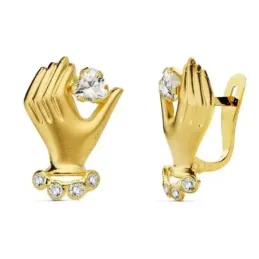 Pendientes oro 18k niña 17mm. manos corazón circonitas cierre catalán