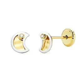 Pendientes oro bicolor 18k niña 5.5mm. luna centro tallado borde punta circonita cierre tuerca