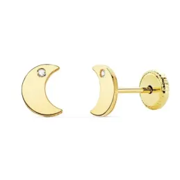 Pendientes oro 18k niña 6.5mm. luna lisa punta circonita cierre tuerca