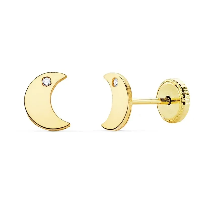 Pendientes oro 18k niña 6.5mm. luna lisa punta circonita cierre tuerca