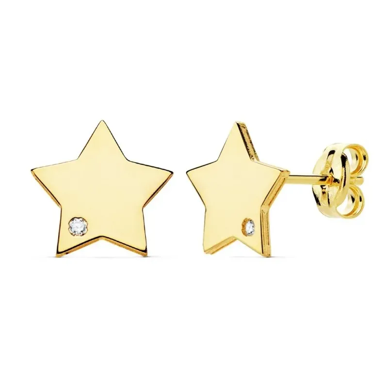 Pendientes oro 18k mujer 8mm. estrella lisa punta circonita cierre presión