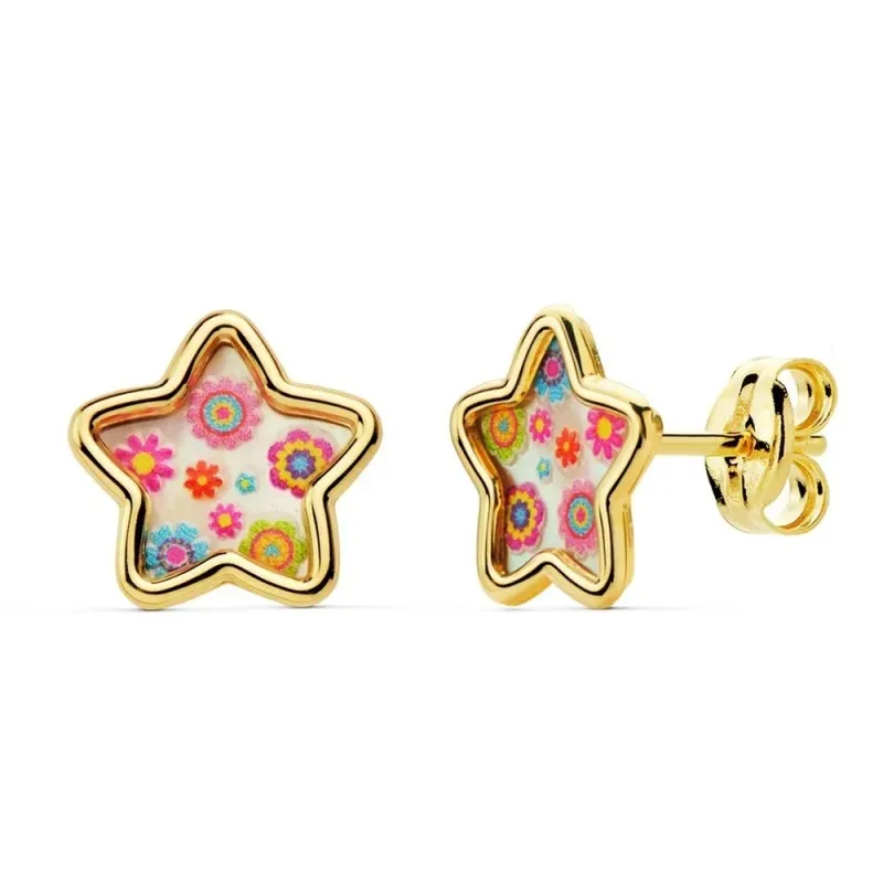 Pendientes oro 18k niña 8mm. estrella fondo nácar detalles colorines borde liso cierre presión