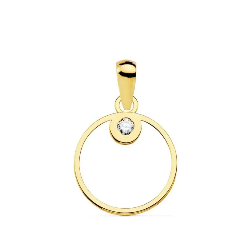 Colgante oro 18k mujer 12mm. Karma redondo calado borde liso circonita