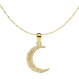 Gargantilla oro 18k mujer cadena 42cm. veneciana colgante luna 15x11mm. borde circonitas