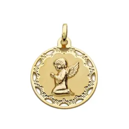 Medalla oro 18k ángel rezando 18mm. redonda cerco detalles calados