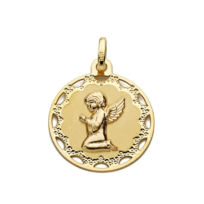 Medalla oro 18k ángel rezando 18mm. redonda cerco detalles calados