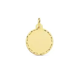 Colgante oro 18k disco chapa liso 14mm. borde detalles tallados