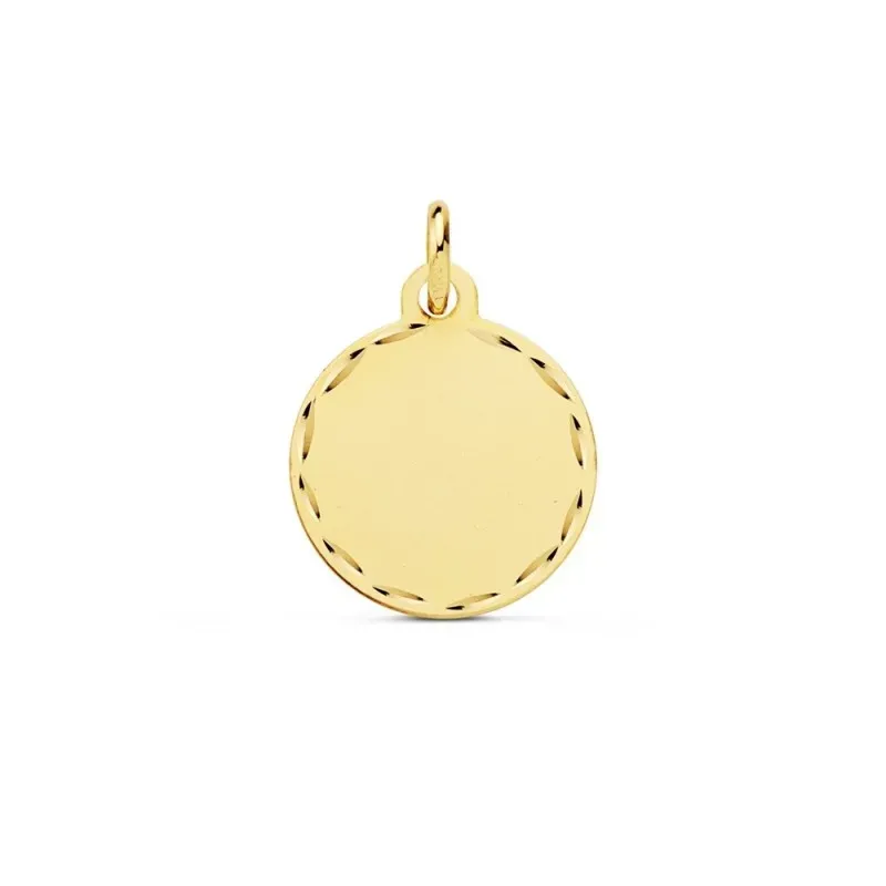 Colgante oro 18k disco chapa liso 14mm. borde detalles tallados