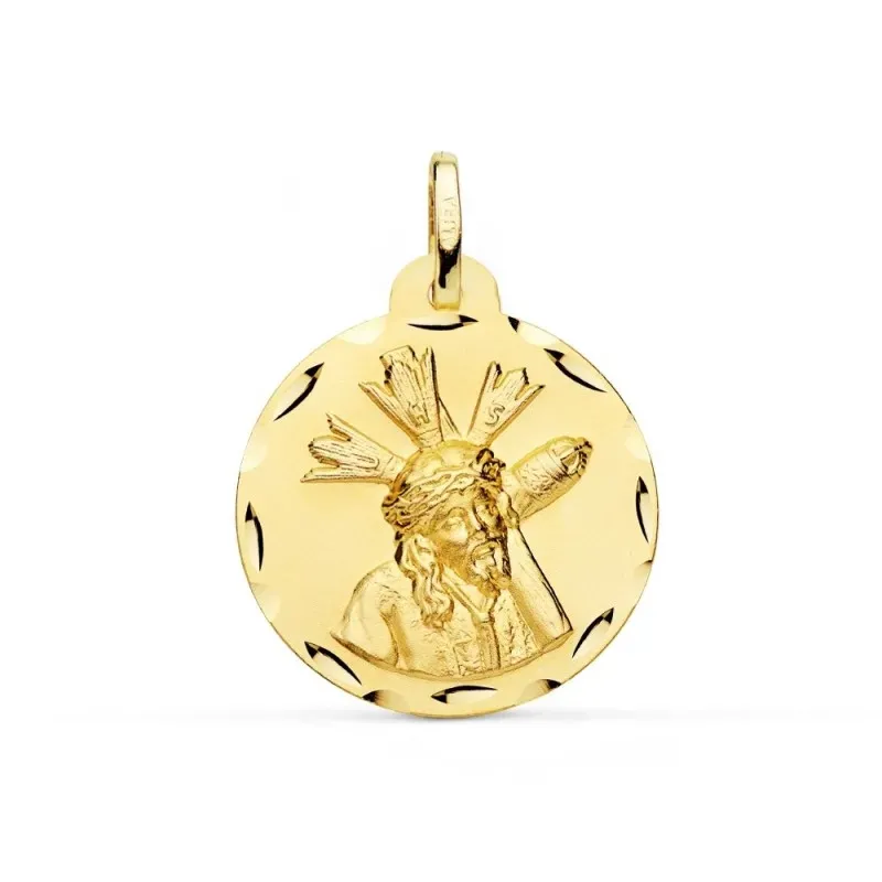 Medalla oro 18k Cristo Gran Poder 22mm. redonda borde tallado