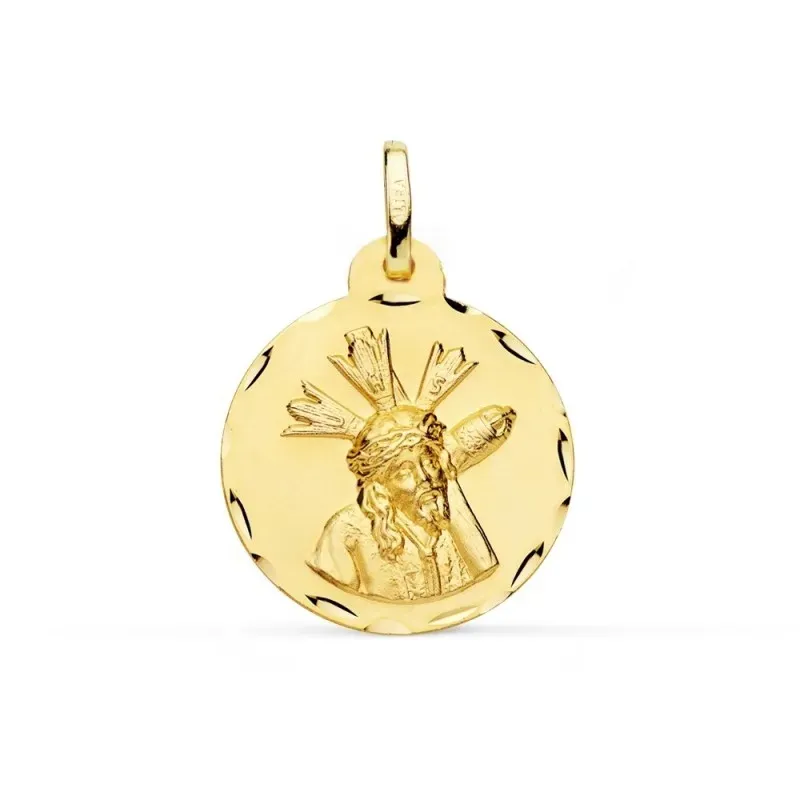 Medalla oro 18k Cristo Gran Poder 20mm. redonda borde tallado