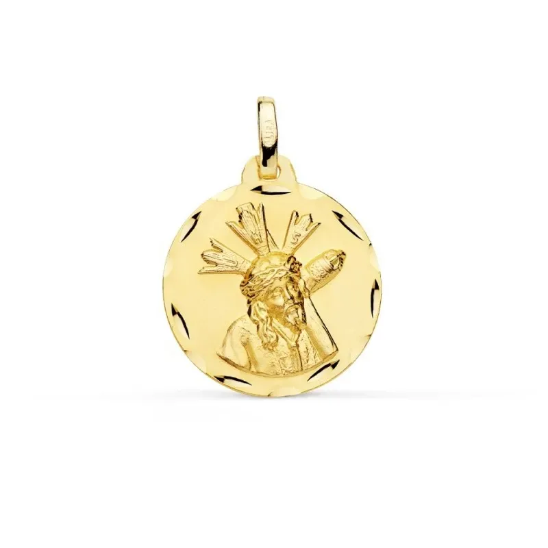 Medalla oro 18k Cristo Gran Poder redonda 18mm. borde tallado