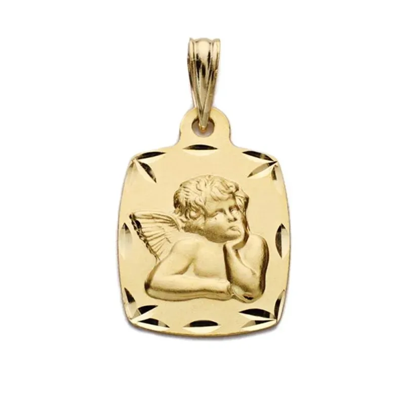 Medalla oro 18k angelito burlón restangular tonel bordes detalles tallados