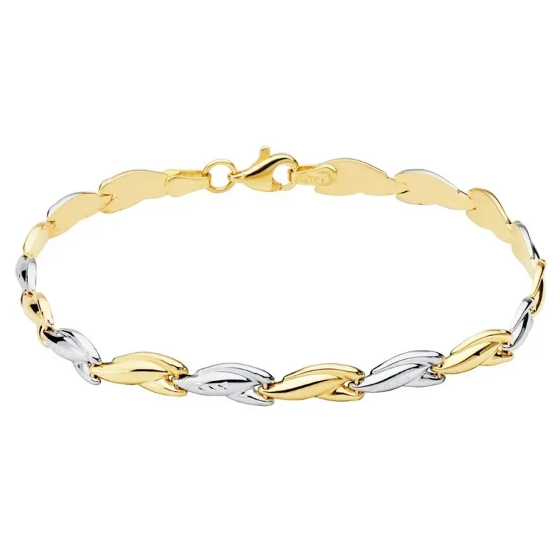 Pulsera oro bicolor 18k estampación semirrígida 19cm. eslabones brillo formas cierre mosquetón