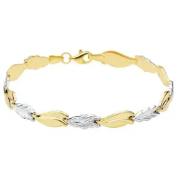 Pulsera oro bicolor 18k estampación semirrígida 19cm. eslabones forma hojas brillo cierre mosquetón