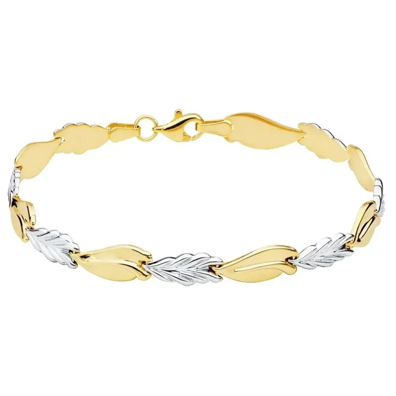 Pulsera oro bicolor 18k estampación semirrígida 19cm. eslabones forma hojas brillo cierre mosquetón
