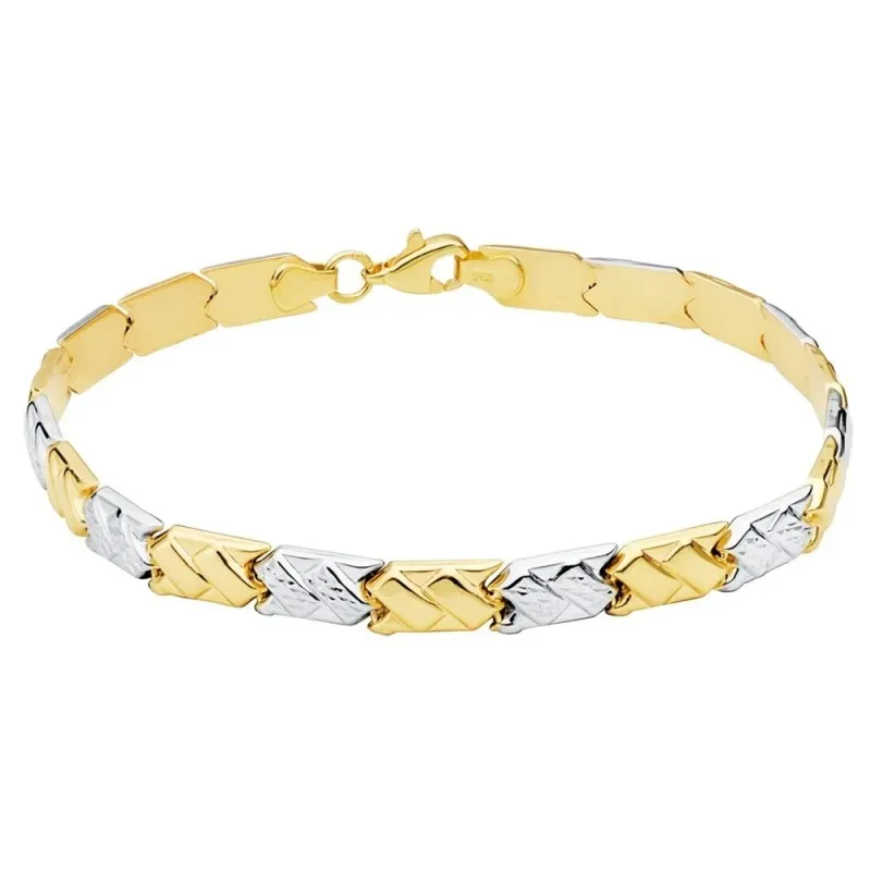 Pulsera oro bicolor 18k estampación semirrígida 19cm. eslabones rectángulos brillo cierre mosquetón