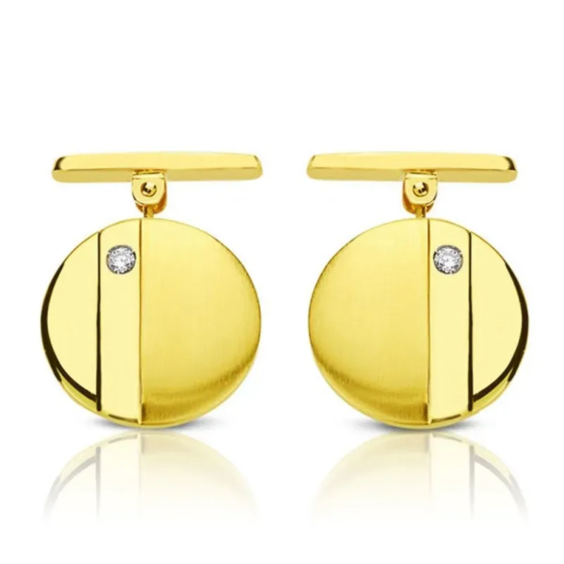 Gemelos oro 18k redondos 15mm. bandas circonita brillo mate cierre rígido