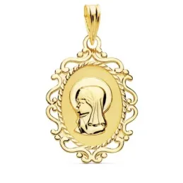 Colgante oro 9k medalla oval 23mm. Virgen Niña liso cerco formas calado