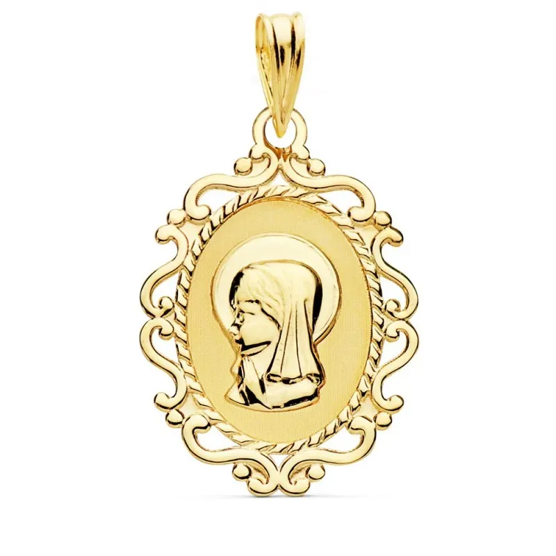 Colgante oro 9k medalla oval 23mm. Virgen Niña liso cerco formas calado