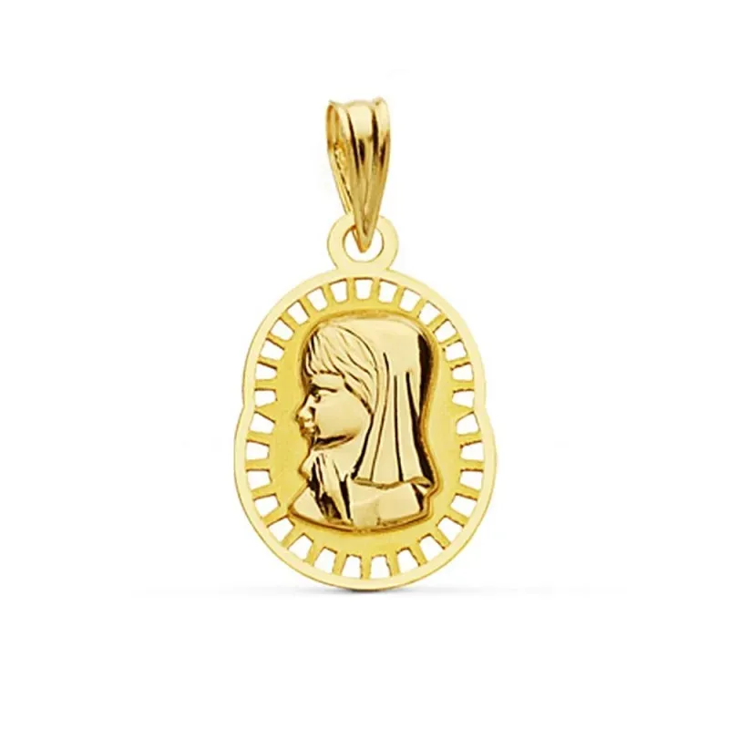 Colgante oro 9k medalla 19mm. Virgen Niña liso cerco calado