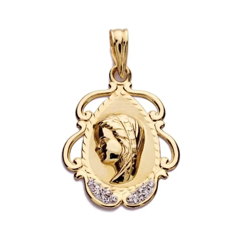 Medalla oro 9k Virgen Niña 23mm. cerco formas calado detalle circonitas