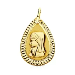 Medalla oro 9k Virgen Niña 20mm. forma lágrima lisa borde detalle tallado