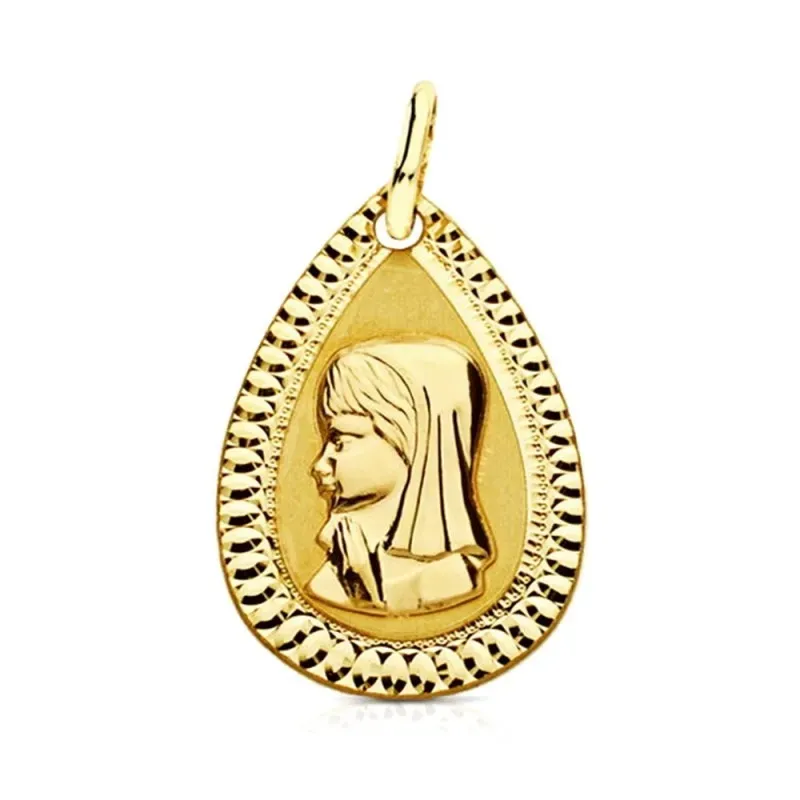 Medalla oro 9k Virgen Niña 20mm. forma lágrima lisa borde detalle tallado