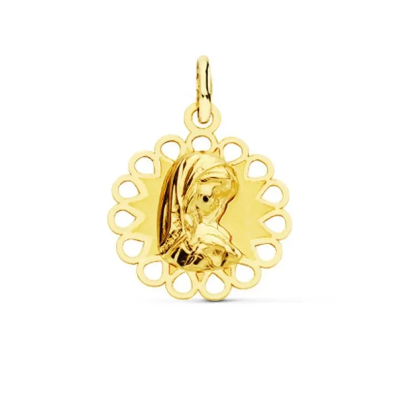 Medalla oro 9k Virgen Niña 18mm. bordes círculos calados
