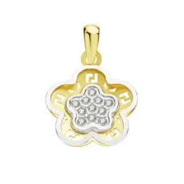 Colgante oro bicolor 9k detalle flor 15cm. centro circonitas pétalos tallados