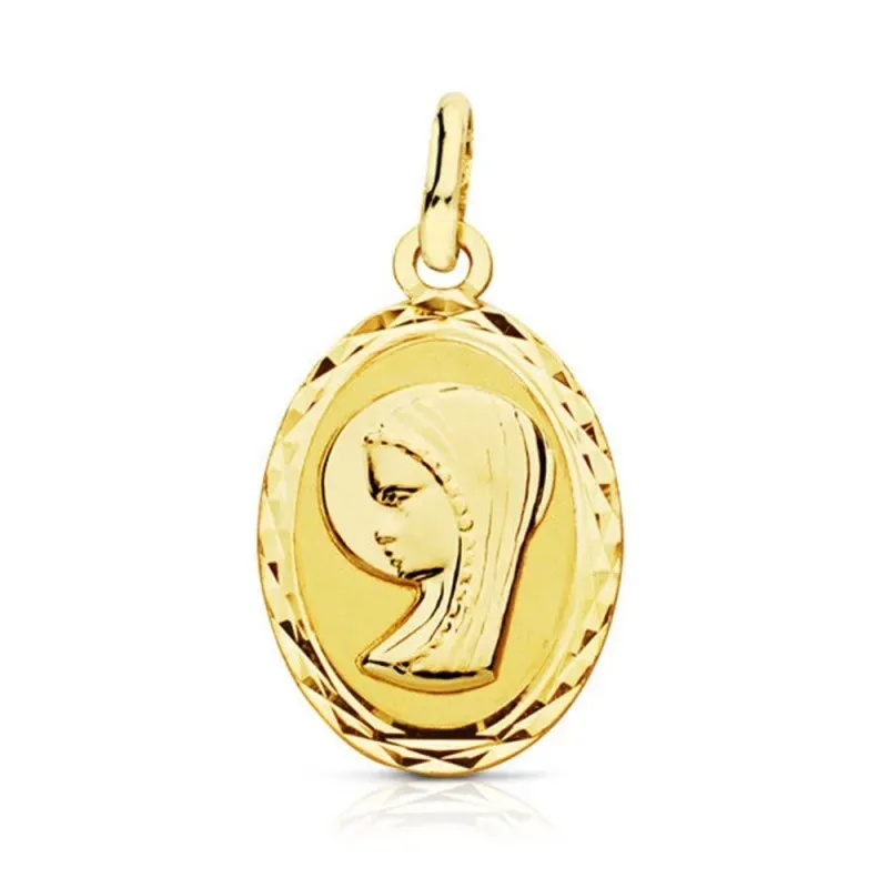 Medalla oro 9k Virgen Niña 20mm. lisa forma oval borde detalle tallado