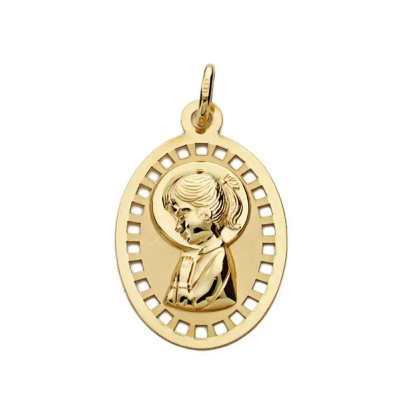 Medalla oro 9k Virgen Niña 23mm. oval bordes detalle calado