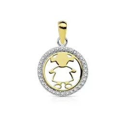 Colgante oro bicolor 9k 13mm. centro detalle niña lisa calada cerco redondo circonitas