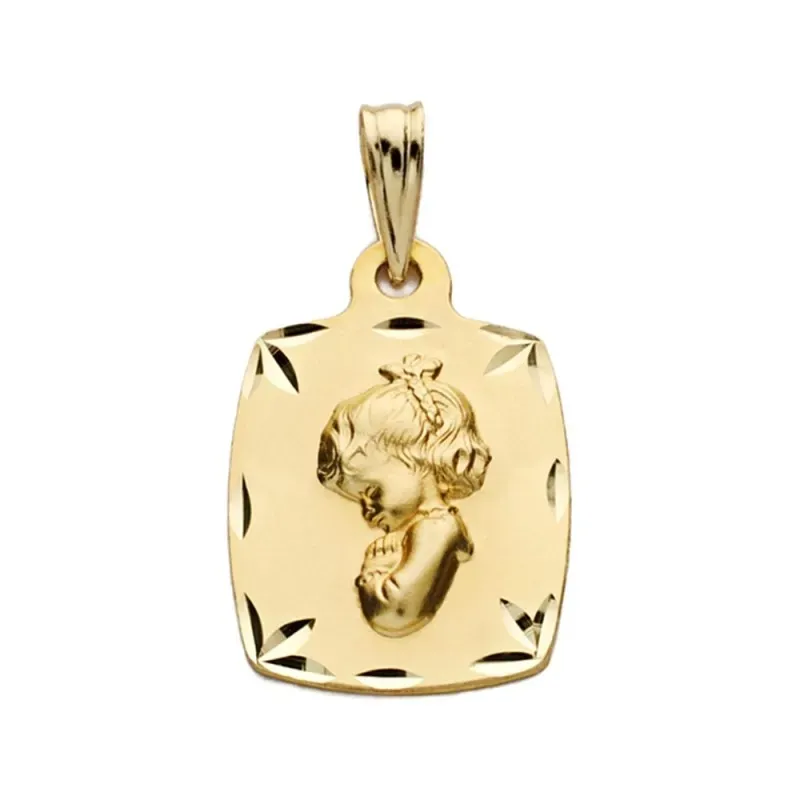 Medalla oro 9k Virgen Niña 19mm. lisa rectangular detalles bordes tallados