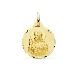 Medalla oro 9k Corazón de Jesús 20mm. lisa redonda cerco detalles tallados