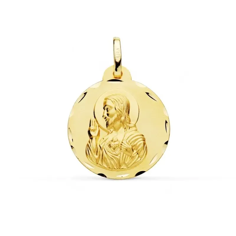 Medalla oro 9k Corazón de Jesús 20mm. lisa redonda cerco detalles tallados