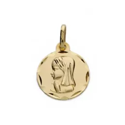 Medalla oro 9k Virgen Niña redonda 18mm. lisa borde tallado