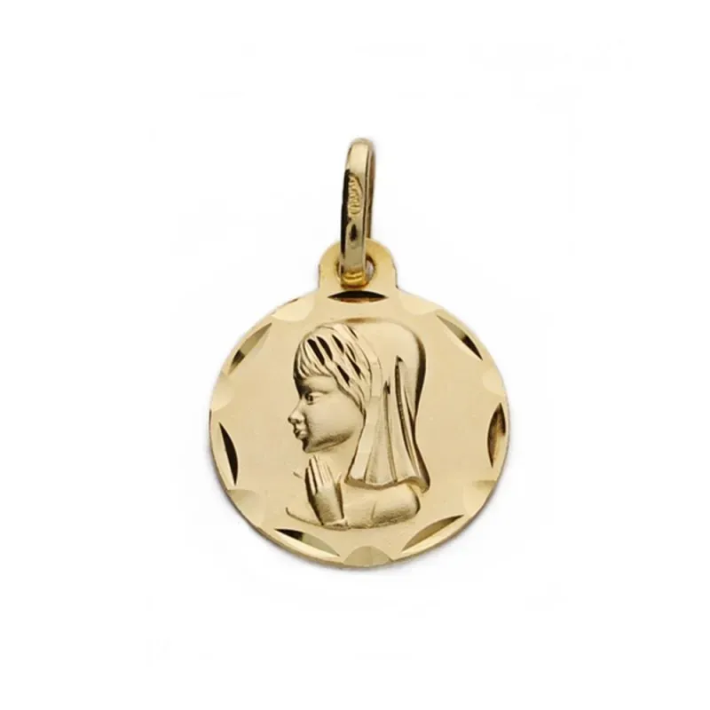 Medalla oro 9k Virgen Niña redonda 18mm. lisa borde tallado