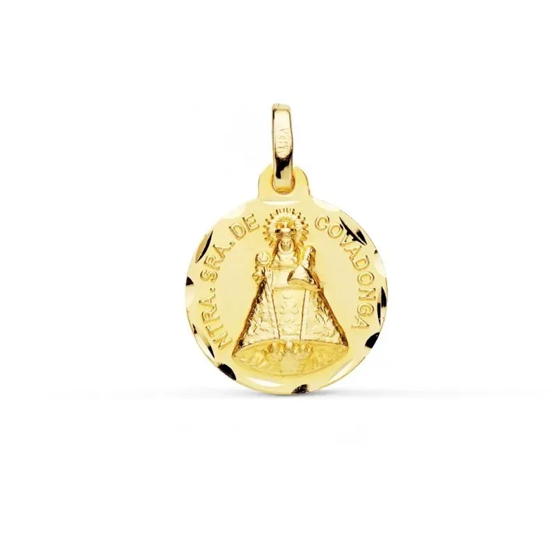 Medalla oro 9k Virgen de Covadonga 16mm. redonda lisa borde tallado