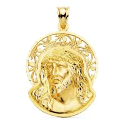 Colgante oro 18k 36mm. cabeza rostro de Cristo orla calada detalles tallados